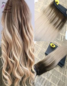 5 Clips One Piece Clip In Human Hair Extensions With Lace Straight Brazilian Virgin Hair Ombre Balayage Color 4 Fading To 182429277
