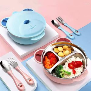 Set di stoviglie 550ML Posate per bambini Isolamento Alimentazione Piatto da pranzo Scatola da pranzo Stoviglie per bambini Ciotola portatile in acciaio inossidabile 304 Bento per bambini