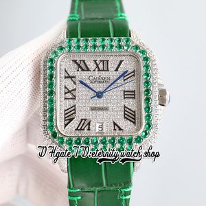 TWF TO tW0009 M8215 Automatyczna męska zegarek 40 mm zielony lodowany Out Big Diamond Bezel Paved Diamonds Wybield czarne markery rzymskie skórzane paski 2022 Super Edition Eternity Watches