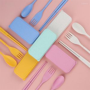 Dinnerware Sets Spoon Fork Chopsticks Cutlery Set Foldable Wheat Straw Lunch Tableware With Box Portable Travel Kitchen Accessories