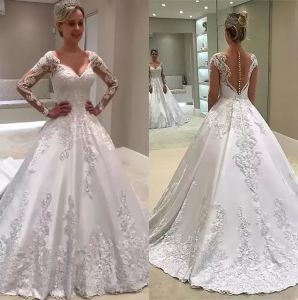 Vintage Sheer Long Sleeves Lace A Line Wedding Dresses Satin Applique Sweep Train Wedding Bridal Gowns With Button Covered Back 2023