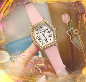 Klasyczne modelki kobiety Diamenty Pierścień Watch Luksusowy skórzany kwarc na rękę Tonneau Shape Roman Dial popularna nowoczesna prosta ręka na rękę Montre de lukse prezenty