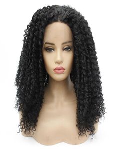 Hela Afro Kinky Curly Spets Front Wig Svart h￥rv￤rmebest￤ndiga fibrer Syntetiska spetsens front peruk Glueless Half Hand bunden f￶r AL8160094