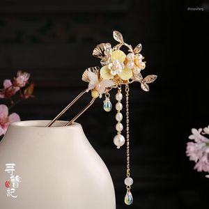 Articoli per feste Originali fatti a mano Hanfu Kanzashi Ornamenti per capelli Fiore di conchiglia giallo Ginkgo Perla Accessori per nappe Copricapo a bastone