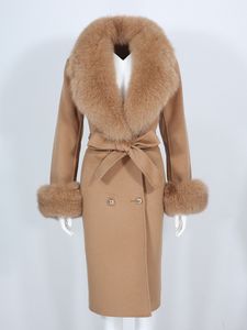 OFTBUY Real Big Fur Coat Winter Jacket Women Natural Fox Fur Collar Cashmere Wool Blends Long Outerwear Ladies Streetwear