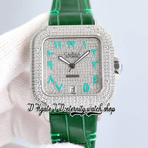 TWF TW0009 M8215 AUTOMATISK MENSKRAV 40MM ICED OUT DIAMOND REZEL PAVED DIAMONDS DIAL GRￖNA ARABIC Markers L￤derband Super Edition Eternity Jewelry Wristwatch