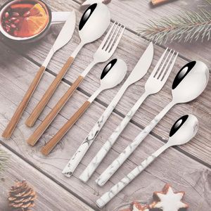 Dinnerware Sets 24/30Pcs Wood Handle Set Steak Knife Forks Dessert Spoon Cutlery Stainless Steel Tableware Home Kitchen Flatware