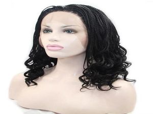 African American Long Synthetic Braid Spets Front Wigs For Women Heat Motent Brown Curly Micro Fl￤tad Wig Hair9360801