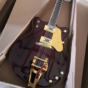 6 strängar mörkröd semi ihålig elektrisk gitarr med stor tremolo rosenträ fretboard guld pickguard anpassningsbar