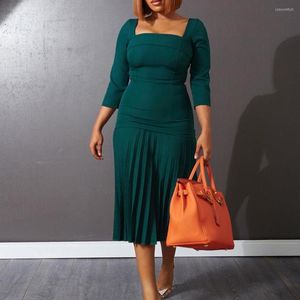 Casual Dresses Elegant Office Ladies Midi Dress Pleated Solid BodyCon Square Neck Fashion Formal Business Work Wear Luxury 2022 OL