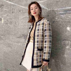 Kvinnors ullblandningar Designer G Letter Lady Style Coat Plaid Ull Medium Lång Women Autumn and Winter Gold Silver Silk Jacket ES7U