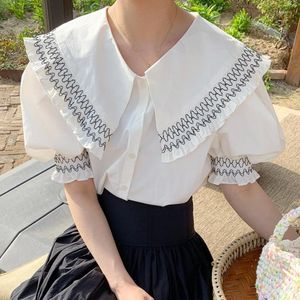 Women's Blouses Korean Chic Vintage Puff Sleeve Women Summer Doll Collar Single-breasted Woman Shirt White Ruffles Ladies Tops 15165