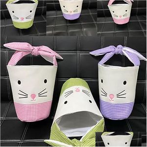 Storage Bags Easter Bunny Barrel Bucket Basket Plaidwork Cartoon Rabbit Ear Bowknot Canvas Tote Bag New Year Gifts Egg Candies Handb Dh9Ej