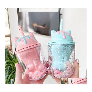 Vattenflaskor Creative Kawaii Cat Claw Double Layer Plastic Cup Girl Heart Fashion St Light Lovely Petal Drop Delivery Home Garden K OT3FK