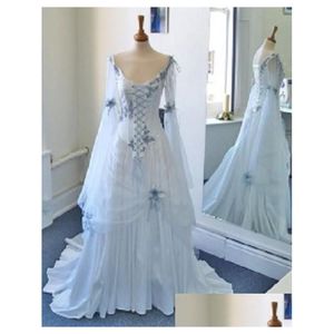 A-Line Wedding Dresses Vintage Celtic White and Pale Blue Colorf Medieval Bridal Gowns Scoop Neckline Corset Long Bell Sleeves Appli Dhx7p