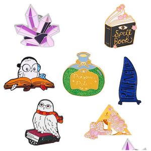 Pinos broches metal esmalte lapela broche pino desenho animado fofo coruja animal magia magia shape distintivo de roupas requintadas acessórios vintage w dhfn8