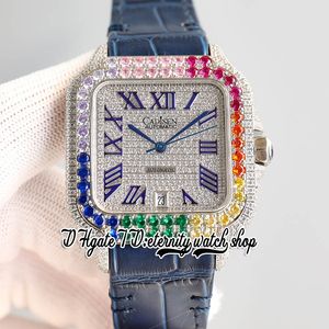 TWF tw0013 M8215 Orologio automatico da uomo 40 mm Arcobaleno ghiacciato Lunetta con diamanti pavé Quadrante con diamanti viola Marcatori romani Cinturino in pelle Super Edition Orologi eterni