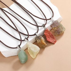 Natural Irregular Rough Raw Fluorite Stone Pendant Healing Crystal Gemstone Brown Rope Chain Necklace Women Jewelry