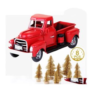 クリスマスの装飾レッドメタルトラックとミニフェイクパインツリー装飾車モデルメリーテーブルデコレーション年ギフトドロップデリバリーホームG otxpm
