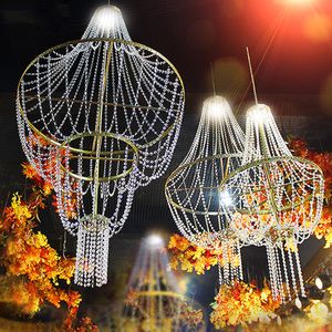 Luxury Event Party Decoration Iron Acrylic Crystal Ceiling Hanging Ornament Luminous Chandelier Pendant For Wedding Props