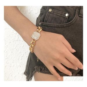 Link Cadeia Fashion Curb Cuba Bracelets grossos grossos para mulheres luxuosas brilhantes shiny square color de ouro jóias de pulso grop d Othge