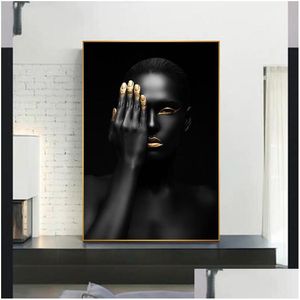 Dipinti Sexy African Black Gold Woman Immagini Stampe su tela Pittura decorativa Wall Art For Living Room Poster No Frame Drop De Dhfoh