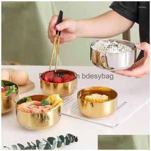 Bowls Stainless Steel Double Layer Ramen Bowl Golden Sier Kitchen Container Adt Kids Home Tableware Soup Tureen Fruit Drop Delivery Dhhfu