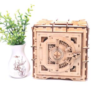 Personality mechanical model lock box wooden 3D spell insert piggy bank creative toy DIY wooden safe child gift Y200317324f