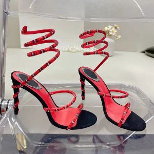 Designer steletto sandálias rene caavilla cleo cristal cravejada cobra tornozelo tornozelo sapatos de vestido de salto alto sandal de salto alto roma