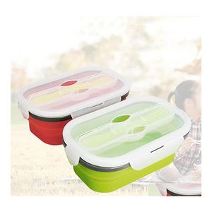 Boîtes À Lunch Sacs En Plein Air Cam Bento Box Bol À Salade Pliable Écologique 800Ml Sile De Qualité Alimentaire Pliable Grand Avec Fourchette H0 Homefavor Dhuav