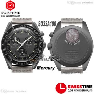 Bioceramic Moonswatch Swiss Quqrtz Chronograph Mens Watch SO33A100 Mission to Mercury Real Black Ceramic Metallic Grey Nylon med 221q