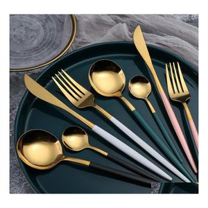 Geschirr Sets Edelstahl Spiegel Geschirr Gold Messer Mahlzeit Löffel Gabel Tee Besteck Einfache Exquisite Western Abendessen Besteck Dro Dh3Xf