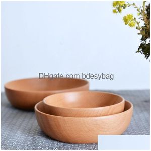 Bowls Natural Beech Wood Salad Ramen Bowl Dessert Fruit Table Tabell Japansk rund platt soppa för hushåll och restaurang Drop Deliver Dh5ln