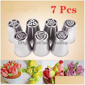 Cooking Utensils 7Pcs Set Stainless Steel Russian Tip Icing Pi Cake Nozzles Cream Pastry Decorating Tips Set Cupcake Confeitaria Dro Dhg08