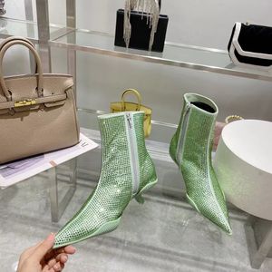 Crystals Women Heeled Dress Boots 23ss Zimowe pięty szpilki buty z butami Zippery żeńskie na wysokim obcasie skórzane buty Martin spacery krótkie botki zapatos