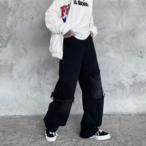 Jeans masculinos Juventude Namorado da moda High Street Logo Fit Fit Hip-Hop perna larga Casual Cheean Streetwear Ripped calças