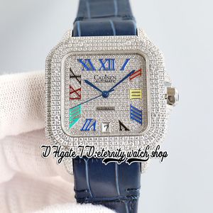 TWF tw0009 M8215 Automatic Mens Watch 40MM Iced Out Diamond Bezel Paved Diamonds Dial Rainbow Roman Markers Leather Strap Super Edition eternity Jewelry Watches