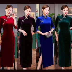 Roupas étnicas 5 cores vestido tradicional chinês Cheongsam para mulheres vestidos de capina elegantes senhoras Qipaor festa sólidas roupas de manga longa
