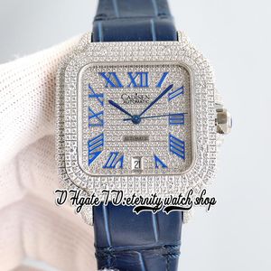 TWF tw0030 M8215 orologio automatico da uomo 40 mm ghiacciato lunetta con diamanti pavé di diamanti quadrante blu indici romani cinturino in pelle 2022 Super Edition gioielli eternità orologi