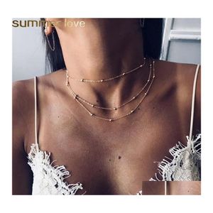 Pendant Necklaces Fashion Bohemian Mti Layer Bead Chain Necklace Female Vintage Gold 3 Simple Beach Girl Collar For Women Jewelry Dr Otvtp