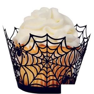 Stampi da forno Mod Halloween Involucri per cupcake Decorazione per torte Vassoi per muffin Ragnatela Fodere per carta tagliate al laser Supporti per feste Goccia D Dhw6Q