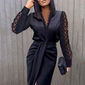 Vestidos casuais renda sexy para mulheres preto branco manga cheia v pesco