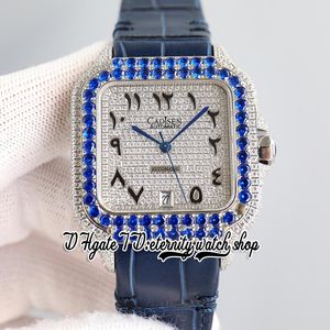 TWF tw0009 M8215 Automatic Mens Watch 40MM Blue Iced Out Big Diamond Bezel Paved Diamonds Dial Arabic Markers Leather Strap 2022 Super Edition eternity Watches