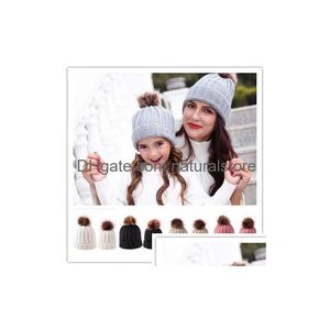 Beanie/Skull Caps Mother Daughter Matching Hats 2st Beanies Parentchild Winter Warm Crochet Sticked Beanie Pom Balls Hat Drop Deliv DHVQ0
