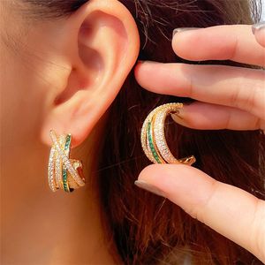 Fashion Luxurious Jewelry Designer Hoop Earring for Woman Party 14K Gold Plated Round Emerald Green AAA Cubic Zirconia 925 Silver Post Bridal Wedding Earrings Gift