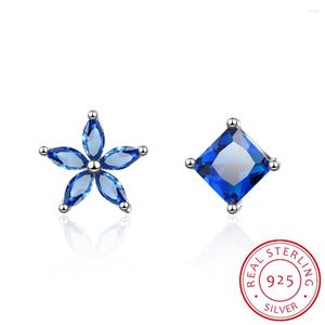 Ohrstecker Asymmetrische einfache blaue Blume 925 Silber Nadel Zirkon für Frauen Mädchen Boucle D'oreille S-e648