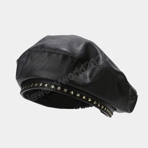 Kvinnliga mode basker pu l￤der basker fransk konstn￤r varm beanie hatt kvinnliga damer all-match justerbar hatt g￥va