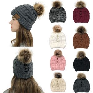 여자 양모 모자 가을 겨울 니트 모자 크로스 포니 테일 야외 따뜻한 공 패션