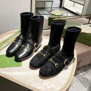 Autumn Winter Zipper Elastic Boots Woman Flat Travel Sneaker Leather Lady Letter Ankel Soft Cowhide Women Metal Buckle Suede Designer Shoes Stor storlek 35-42 med låda