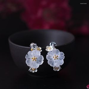 Stud Earrings 925 Sterling Silver Retro Gold Color Crystal Plum Blossom For Women Chinese Style Lady Vintage Flower Jewelry